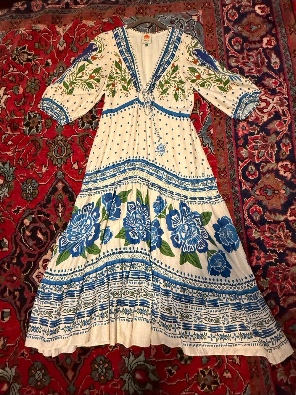 FARM Rio Cream Midi Dress with Blue & Green Botanical Print - Picture 3 of 15